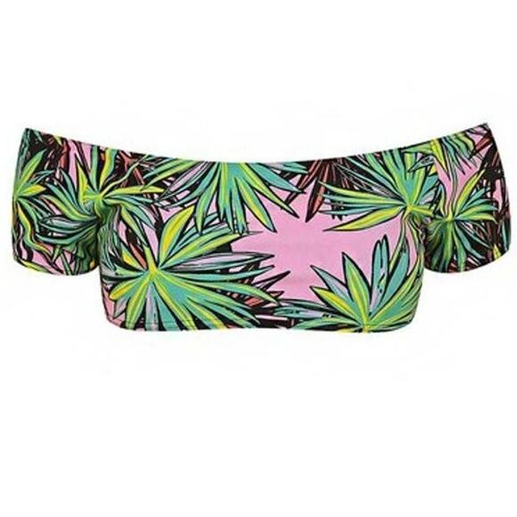 Kendall + Kylie Palm Print Bardot Bikini Top Sz 6 - Picture 1 of 10
